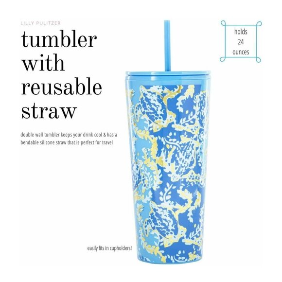 Lilly Pulitzer Travel Drink Tumbler With Straw in Turtley Awesome 24 oz Blue - Picture 3 of 9